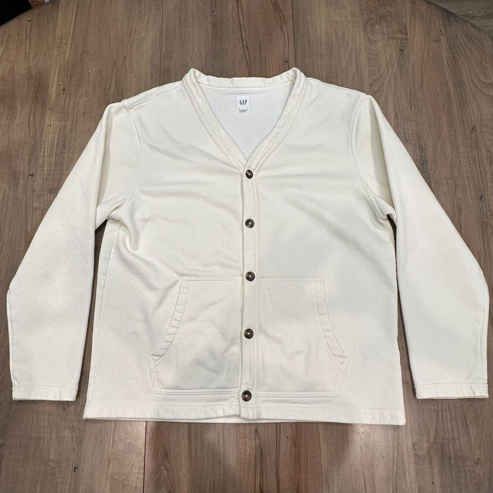 Cream Fleece Button Up Cardigan Sweatshirt Jacket Front Pockets Size Large